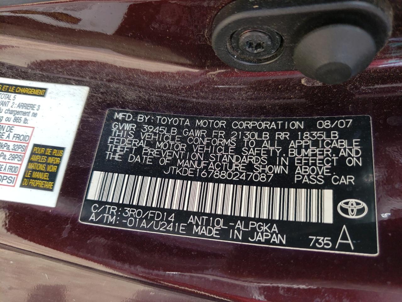 Photo 10 from auction – 2008 TOYOTA SCION TC with VIN JTKDE167880247087