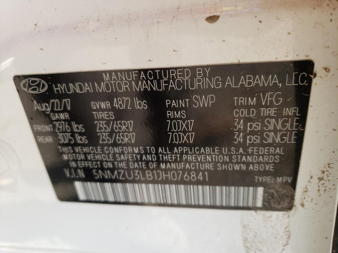 Photo 10 from auction – 2018 HYUNDAI SANTA FE S with VIN 5NMZU3LB1JH076841