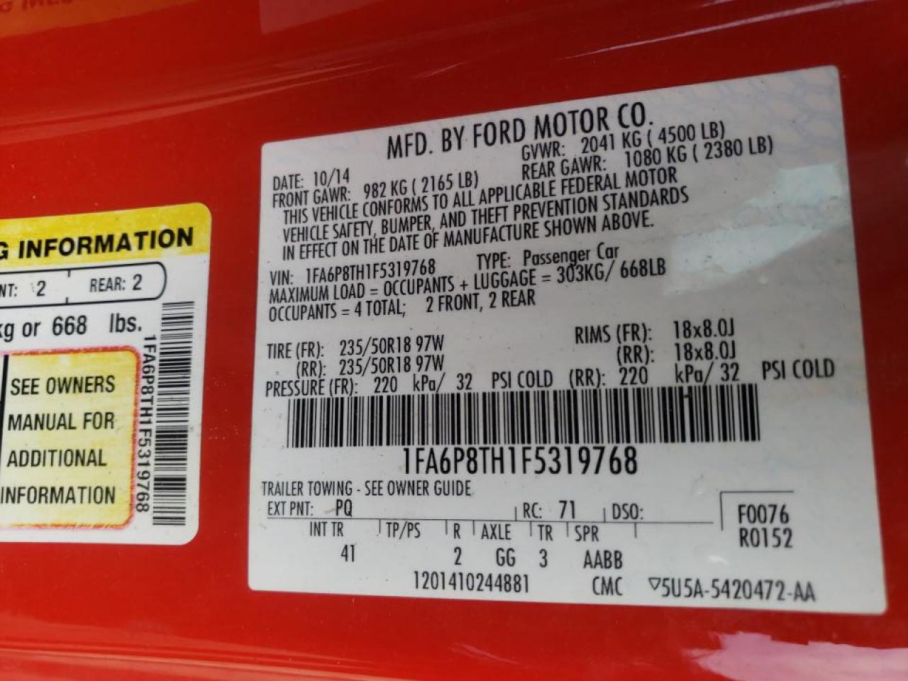 Photo 10 from auction – 2015 FORD MUSTANG with VIN 1FA6P8TH1F5319768