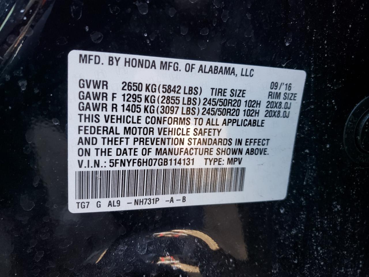 Photo 10 from auction – 2016 HONDA PILOT ELIT with VIN 5FNYF6H07GB114131