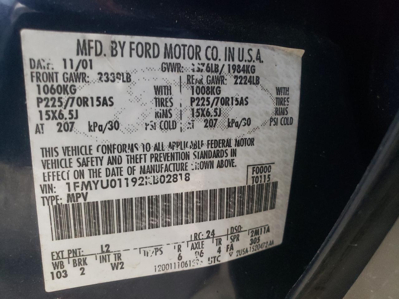 Photo 10 from auction – 2002 FORD ESCAPE XLS with VIN 1FMYU01192KB02818