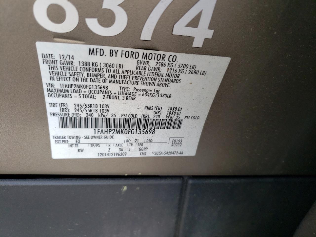 Photo 10 from auction – 2015 FORD TAURUS POL with VIN 1FAHP2MK0FG135698