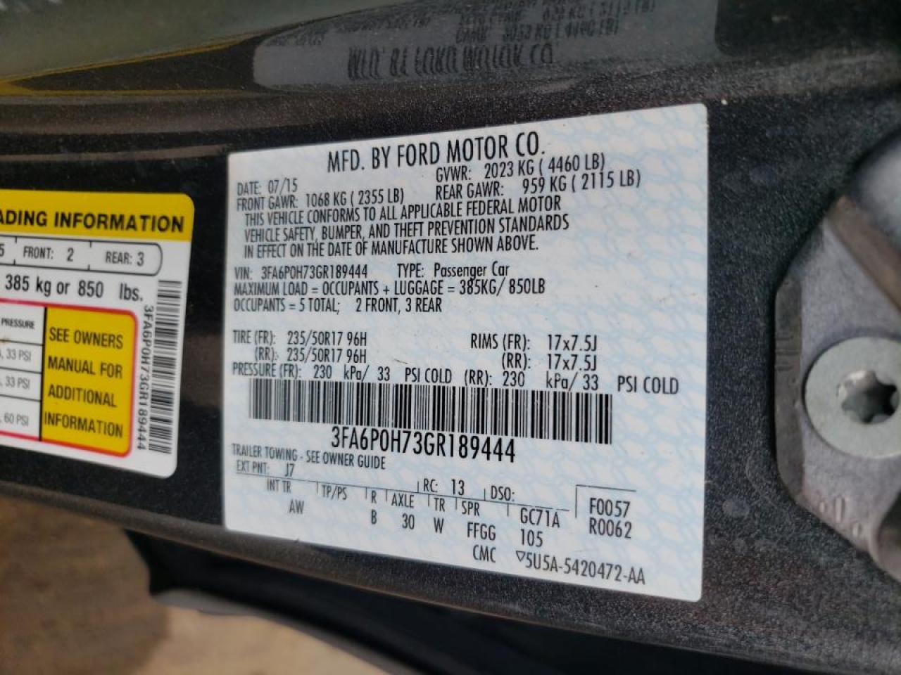 Photo 10 from auction – 2016 FORD FUSION SE with VIN 3FA6P0H73GR189444