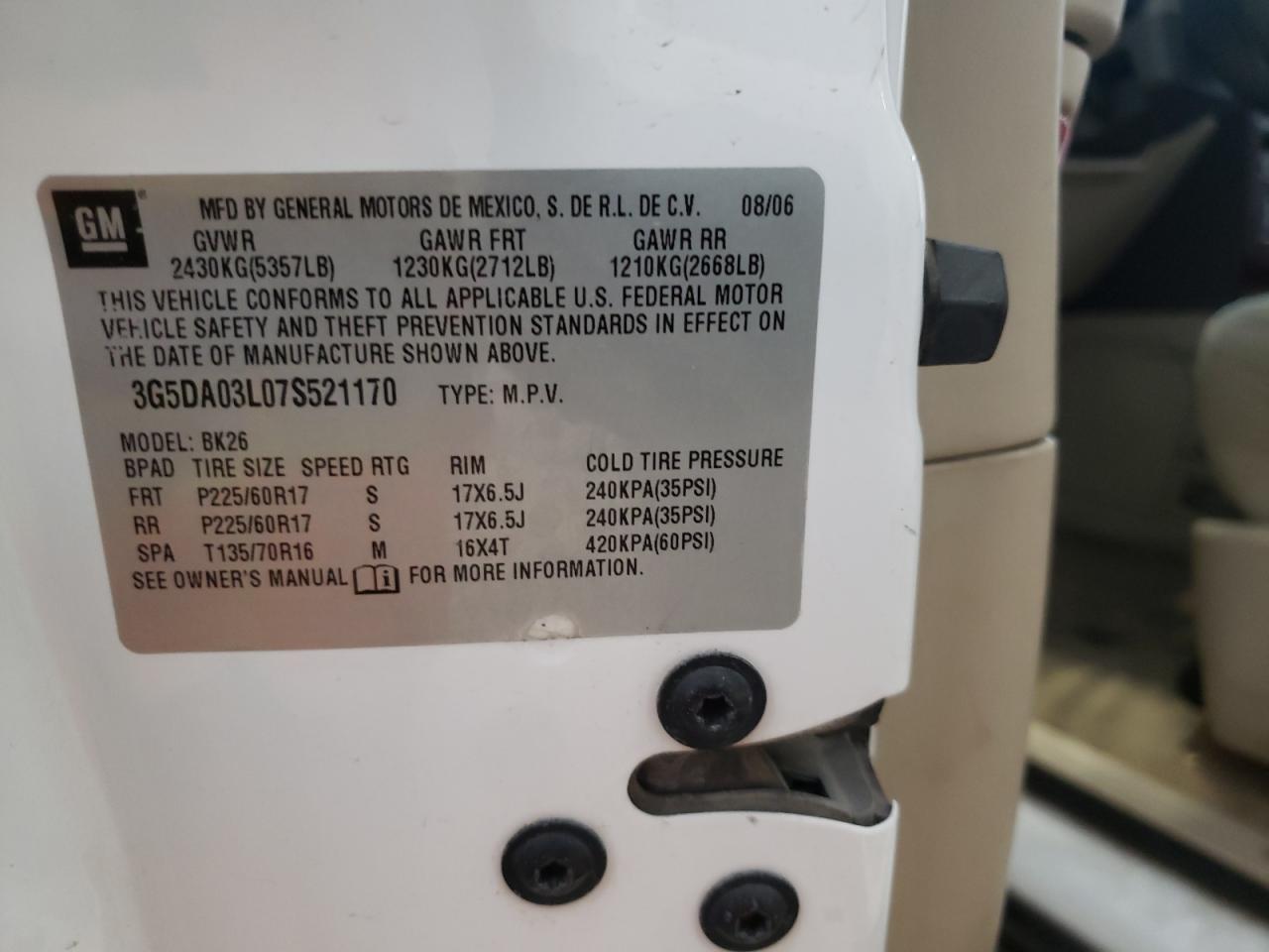 Photo 10 from auction – 2007 BUICK RENDEZVOUS with VIN 3G5DA03L07S521170