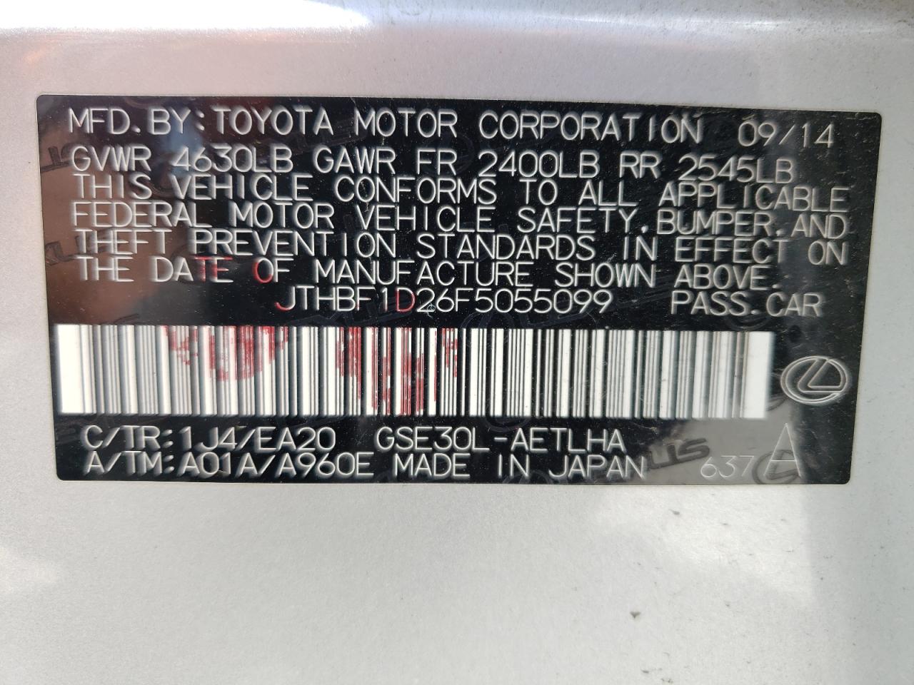 Photo 10 from auction – 2015 LEXUS IS 250 with VIN JTHBF1D26F5055099