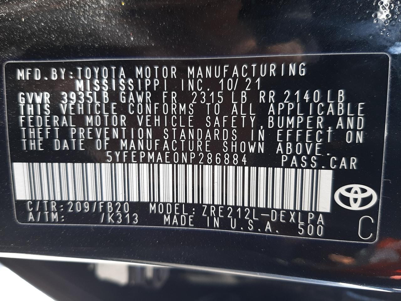 Photo 10 from auction – 2022 TOYOTA COROLLA LE with VIN 5YFEPMAE0NP286884