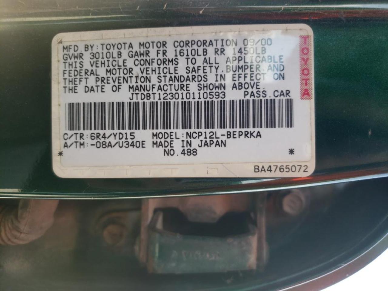 Photo 10 from auction – 2001 TOYOTA ECHO with VIN JTDBT123010110593