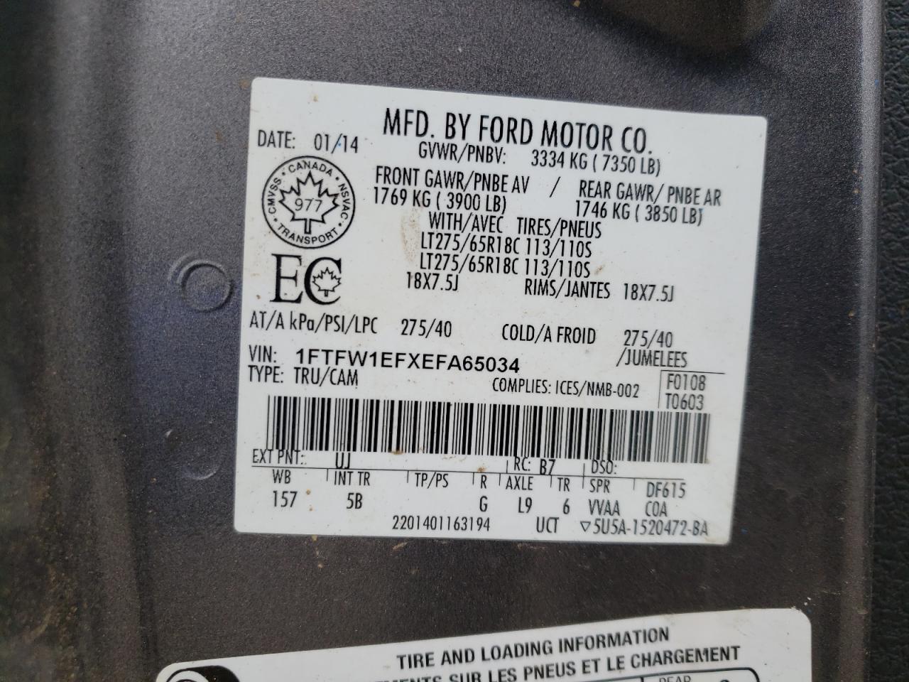 Photo 10 from auction – 2014 FORD F150 SUPER with VIN 1FTFW1EFXEFA65034