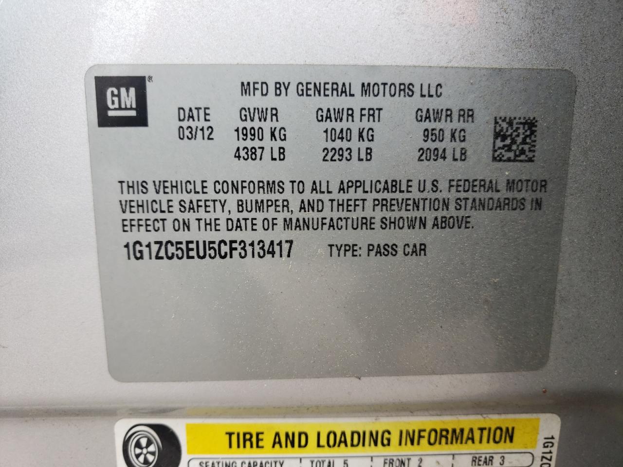 Photo 10 from auction – 2012 CHEVROLET MALIBU 1LT with VIN 1G1ZC5EU5CF313417