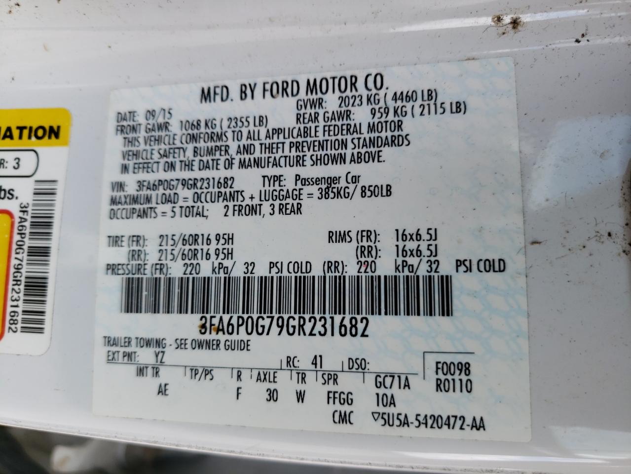 Photo 10 from auction – 2016 FORD FUSION S with VIN 3FA6P0G79GR231682