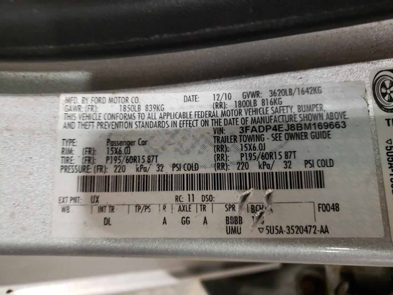 Photo 10 from auction – 2011 FORD FIESTA SE with VIN 3FADP4EJ8BM169663