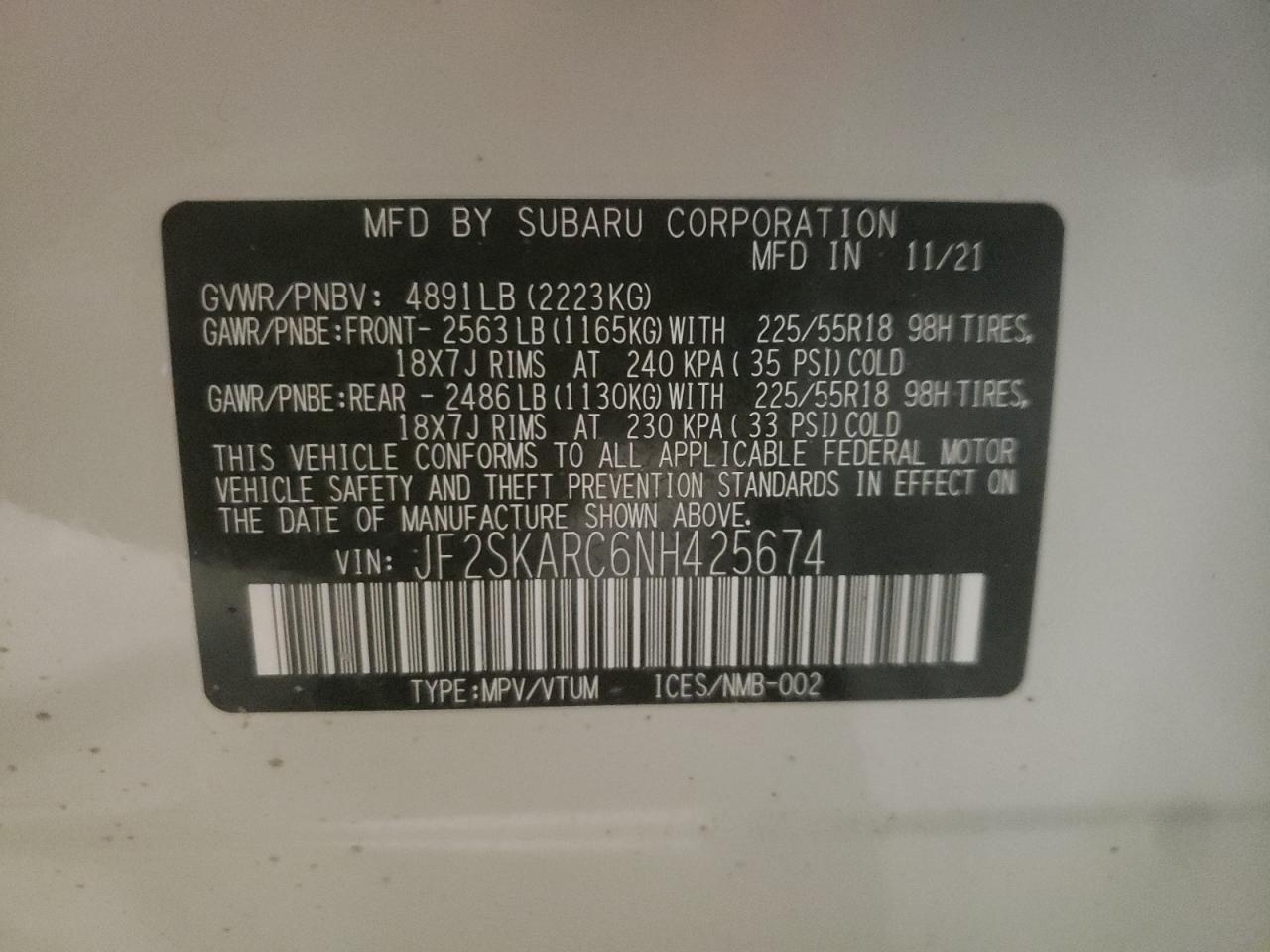 Photo 11 from auction – 2022 SUBARU FORESTER T with VIN JF2SKARC6NH425674