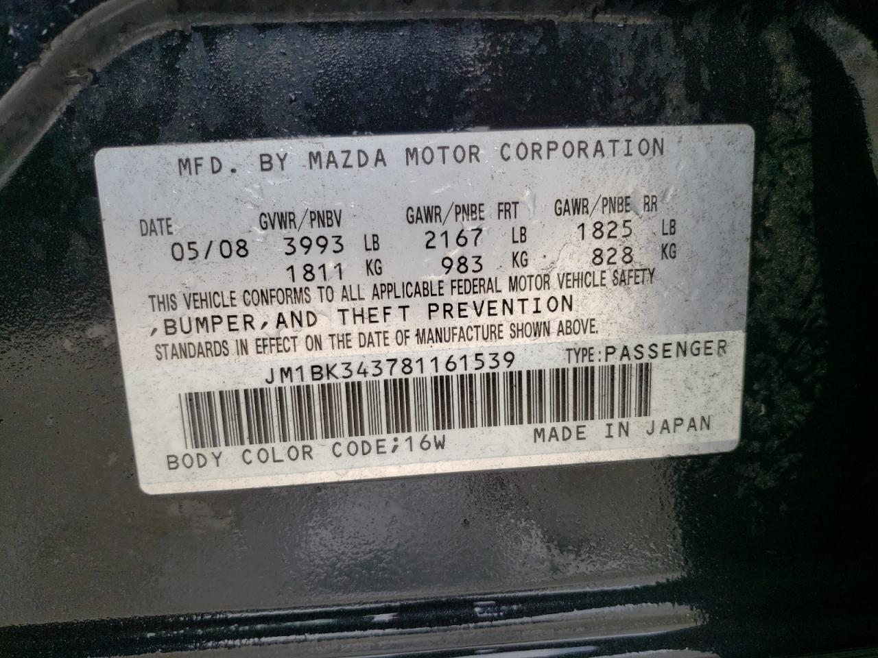 Photo 10 from auction – 2008 MAZDA 3 HATCHBAC with VIN JM1BK343781161539