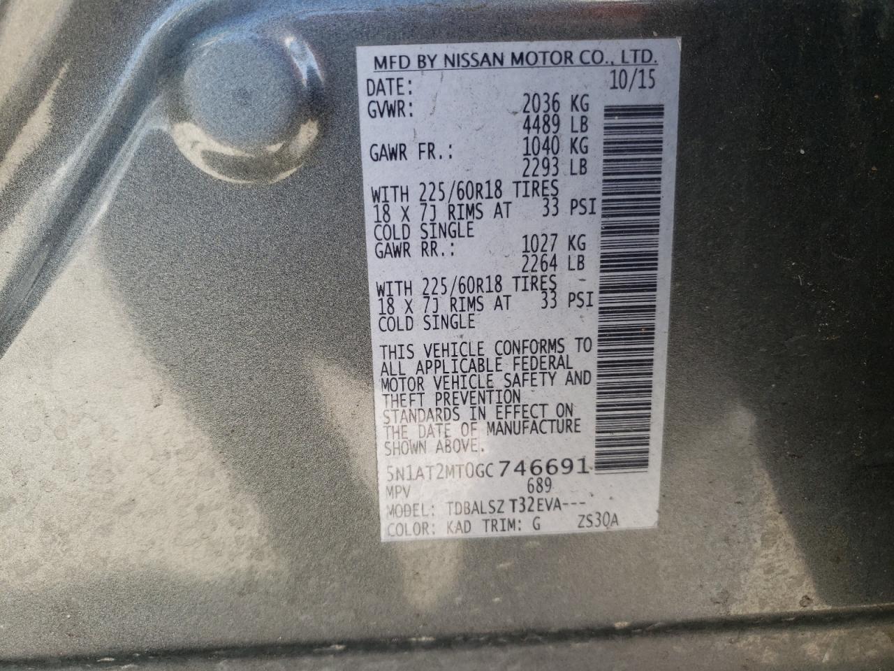 Photo 10 from auction – 2016 NISSAN ROGUE S with VIN 5N1AT2MT0GC746691