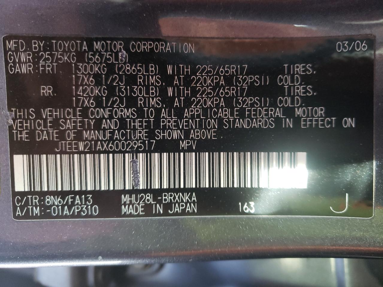 Zdjęcie 10 z aukcji – 2006 TOYOTA HIGHLANDER z VIN JTEEW21AX60029517