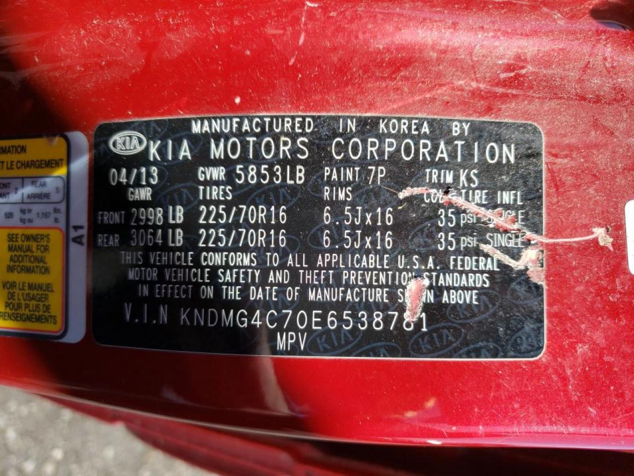 Photo 10 from auction – 2014 KIA SEDONA LX with VIN KNDMG4C70E6538781
