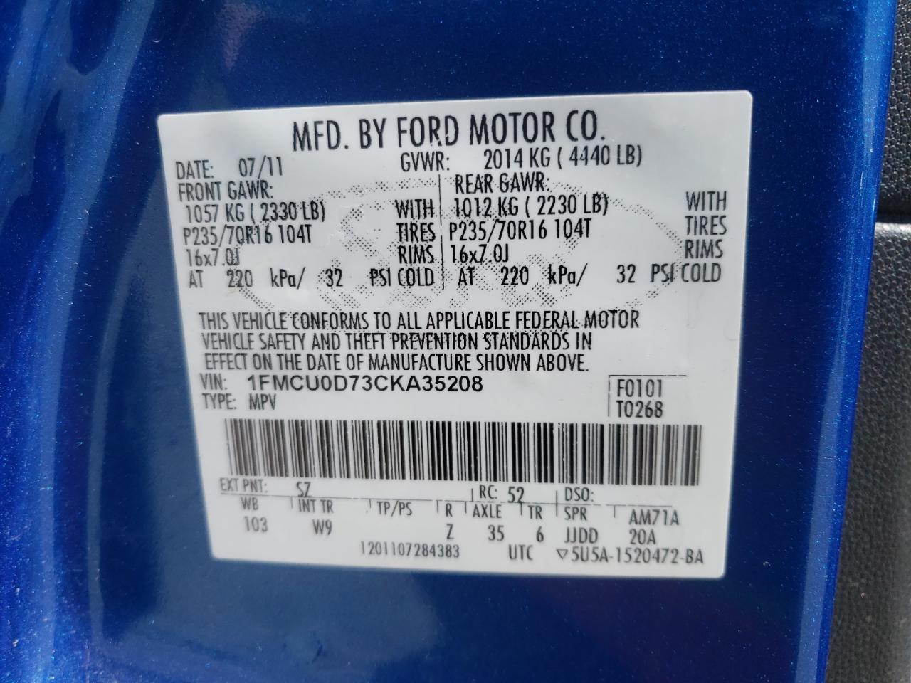 Photo 10 from auction – 2012 FORD ESCAPE XLT with VIN 1FMCU0D73CKA35208