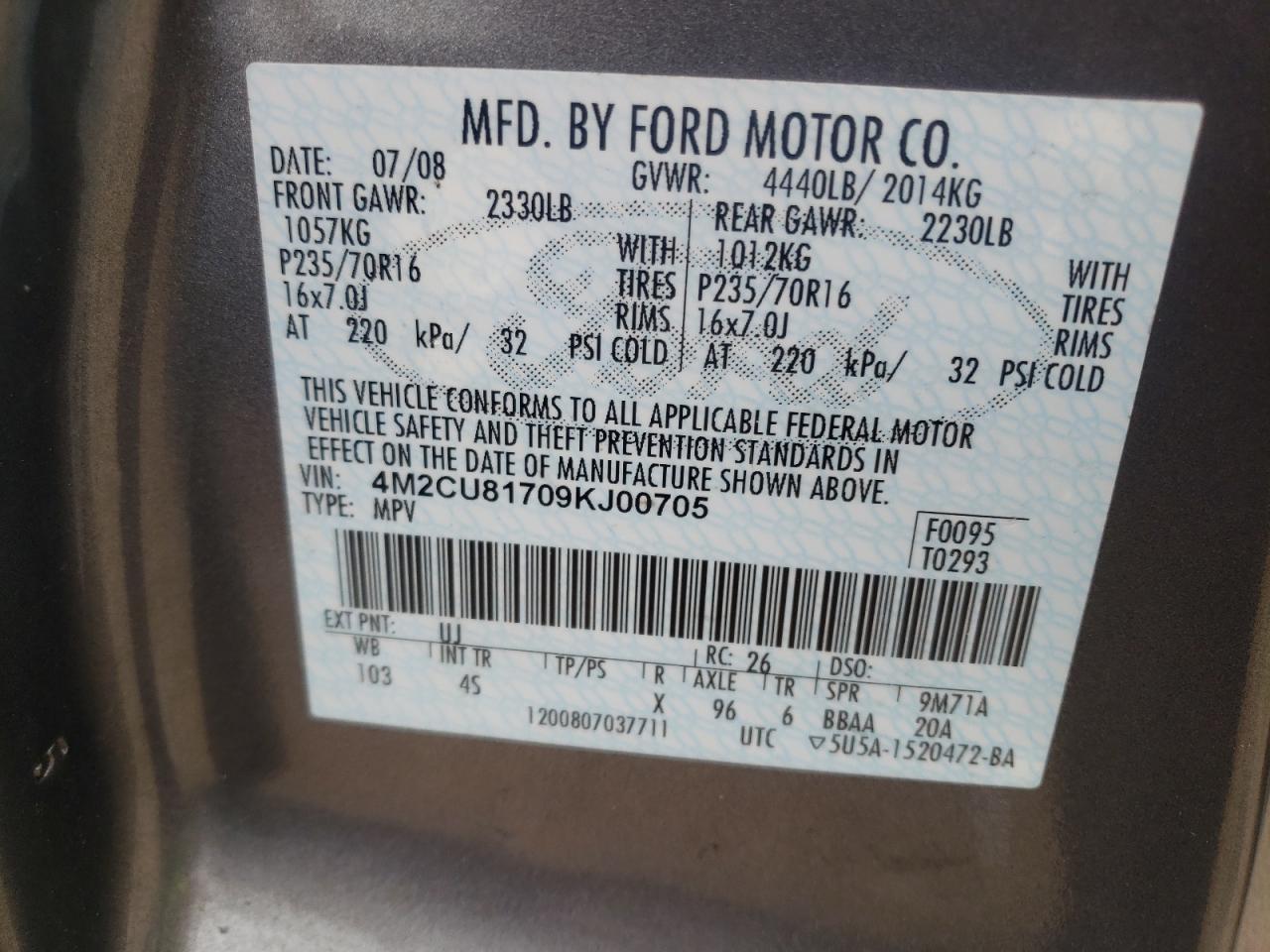 Photo 10 from auction – 2009 MERCURY MARINER with VIN 4M2CU81709KJ00705
