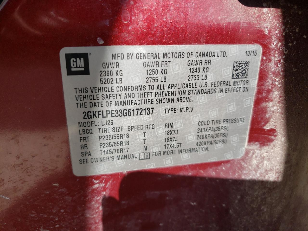Photo 10 from auction – 2016 GMC TERRAIN SL with VIN 2GKFLPE33G6172137