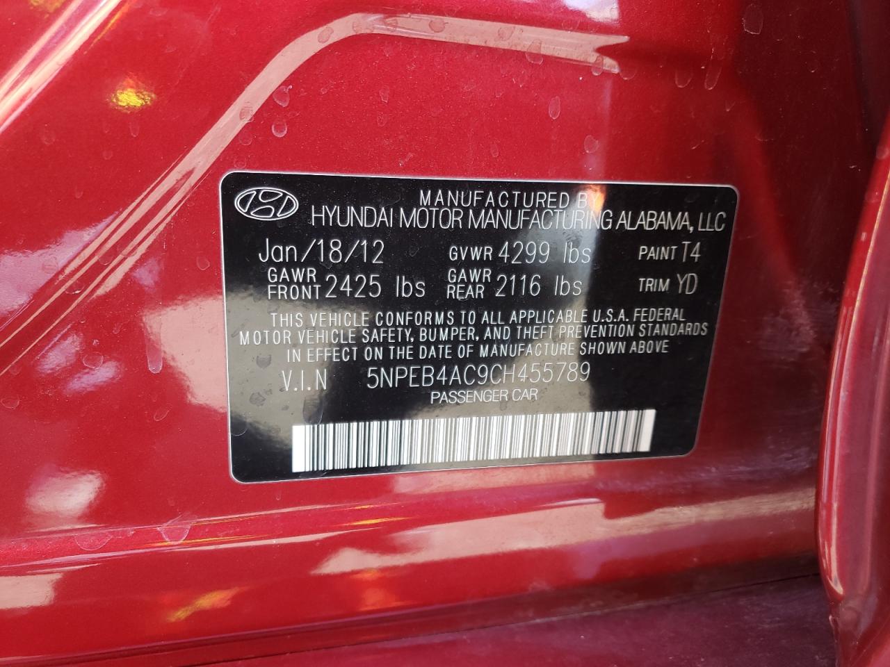 Photo 10 from auction – 2012 HYUNDAI SONATA GLS with VIN 5NPEB4AC9CH455789