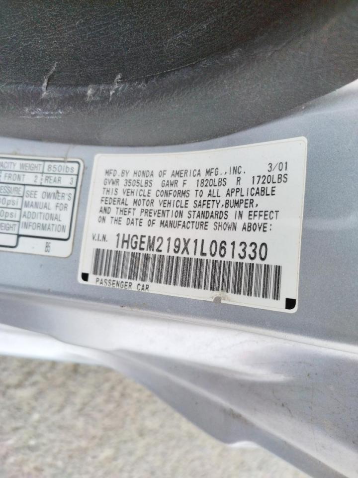 Photo 10 from auction – 2001 HONDA CIVIC SI with VIN 1HGEM219X1L061330