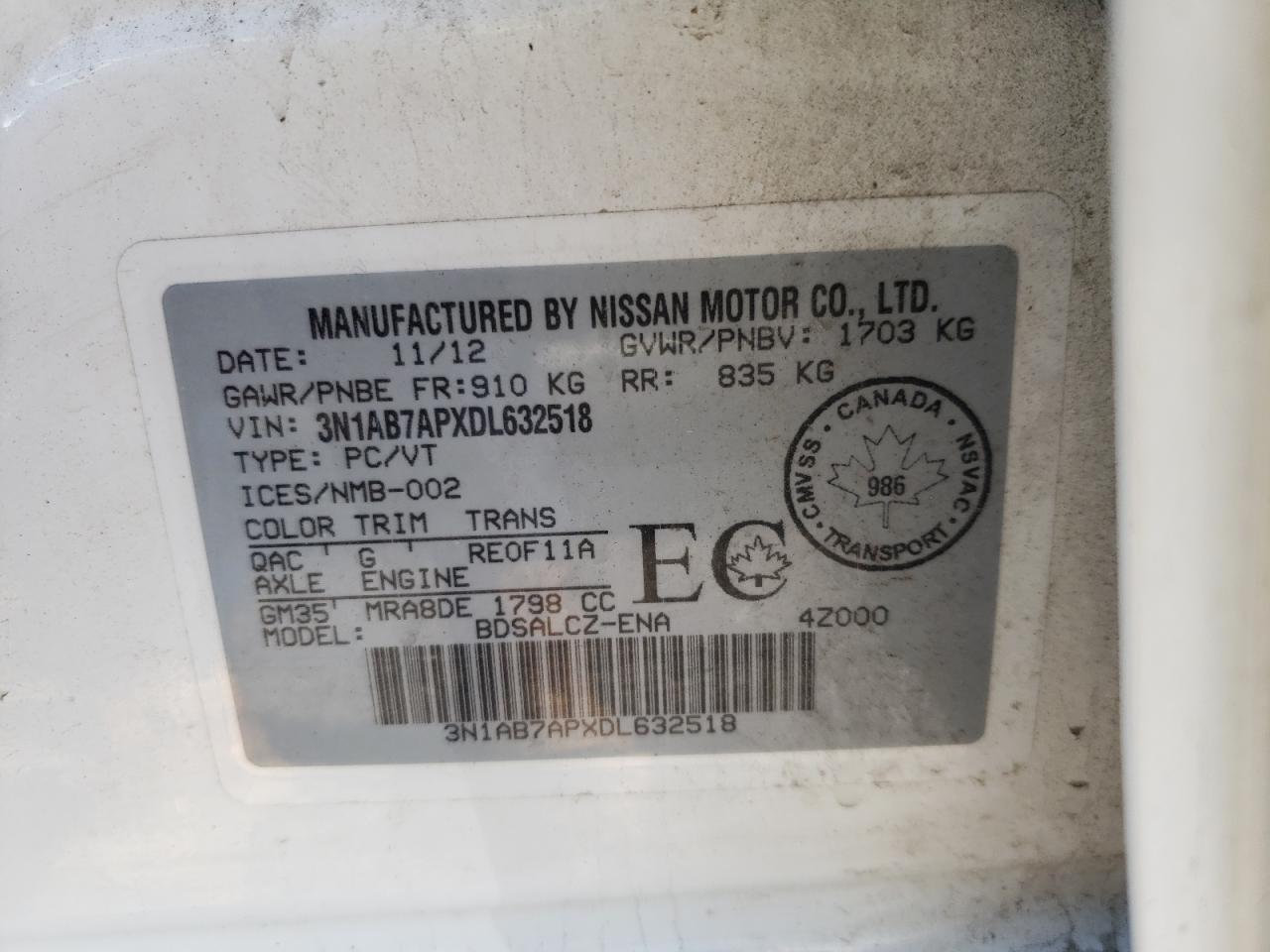 Photo 10 from auction – 2013 NISSAN SENTRA S with VIN 3N1AB7APXDL632518