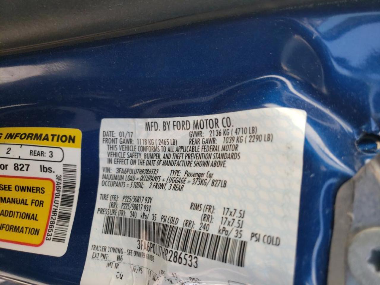 Photo 10 from auction – 2017 FORD FUSION SE with VIN 3FA6P0LU7HR286533