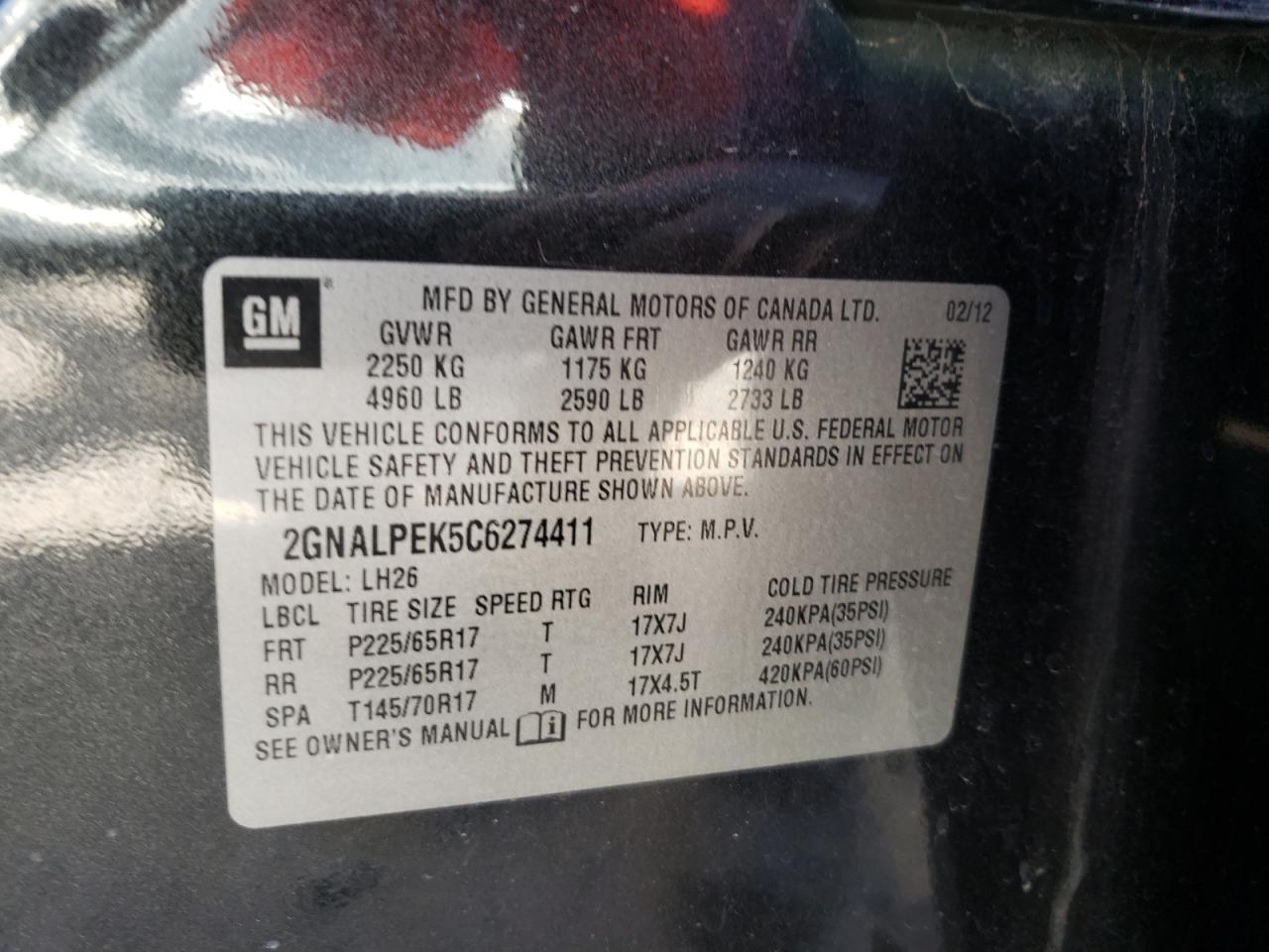 Photo 10 from auction – 2012 CHEVROLET EQUINOX LT with VIN 2GNALPEK5C6274411