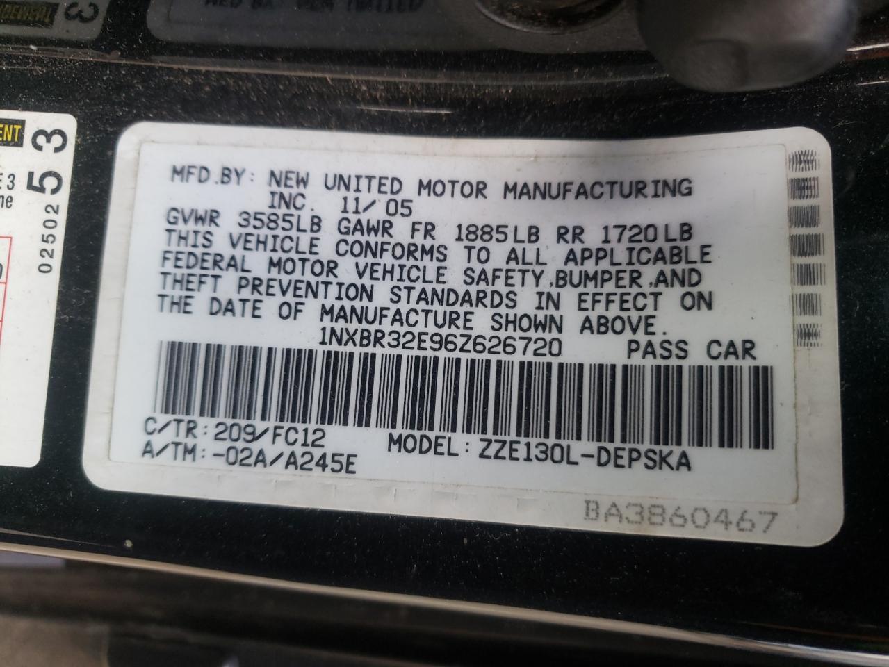 Photo 10 from auction – 2006 TOYOTA COROLLA CE with VIN 1NXBR32E96Z626720