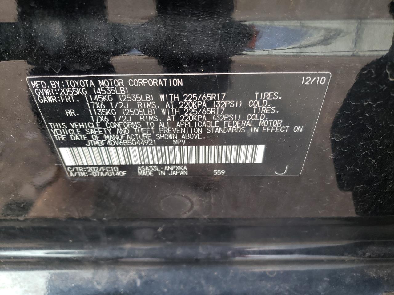 Photo 10 from auction – 2011 TOYOTA RAV4 with VIN JTMBF4DV6B5044921