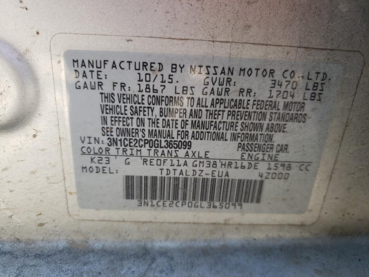 Photo 10 from auction – 2016 NISSAN VERSA NOTE with VIN 3N1CE2CP0GL365099