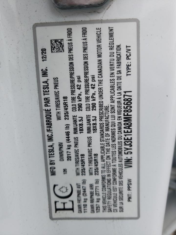 Photo 10 from auction – 2021 TESLA MODEL 3 with VIN 5YJ3E1EA8MF856871