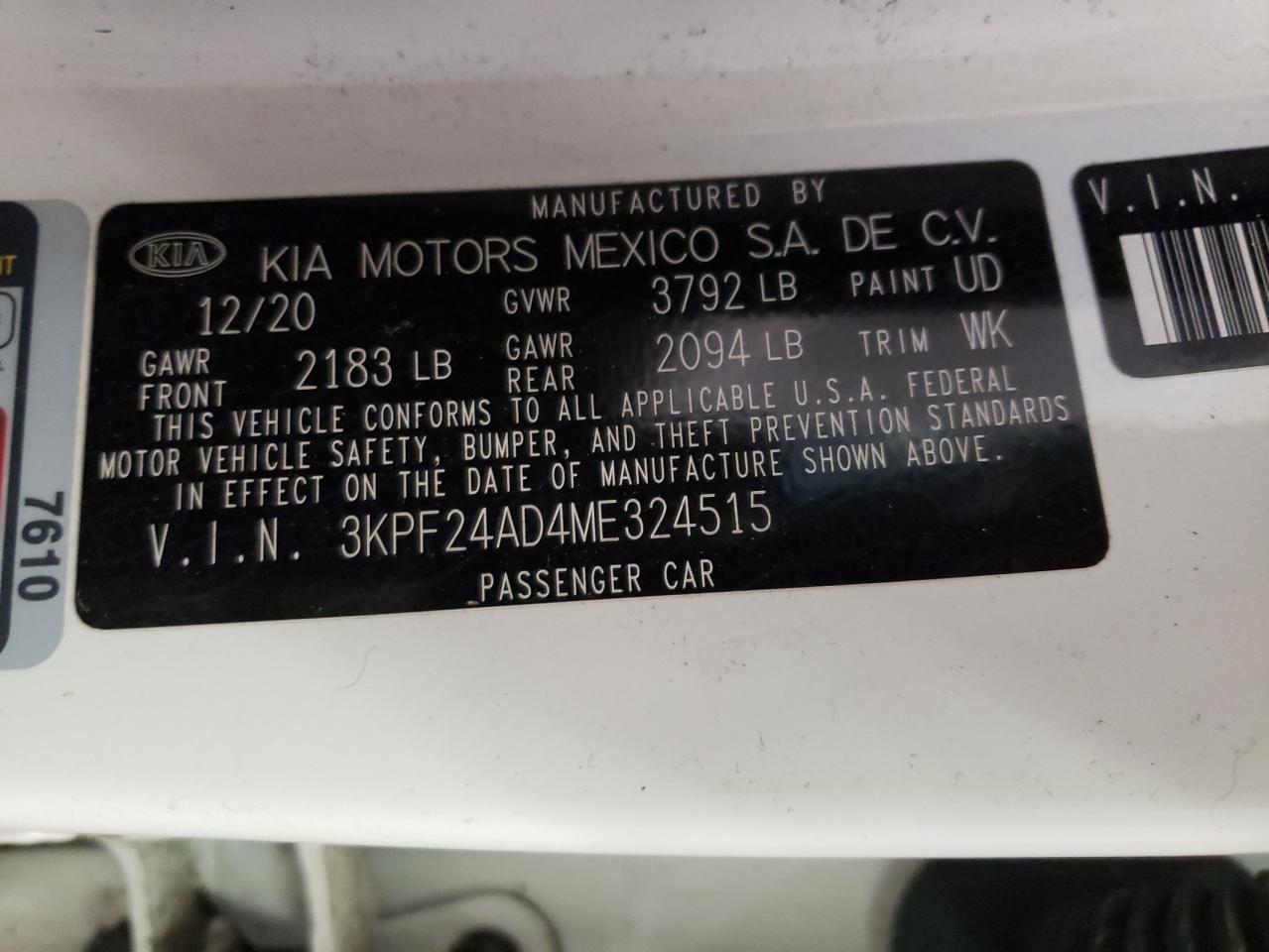 Photo 10 from auction – 2021 KIA FORTE FE with VIN 3KPF24AD4ME324515