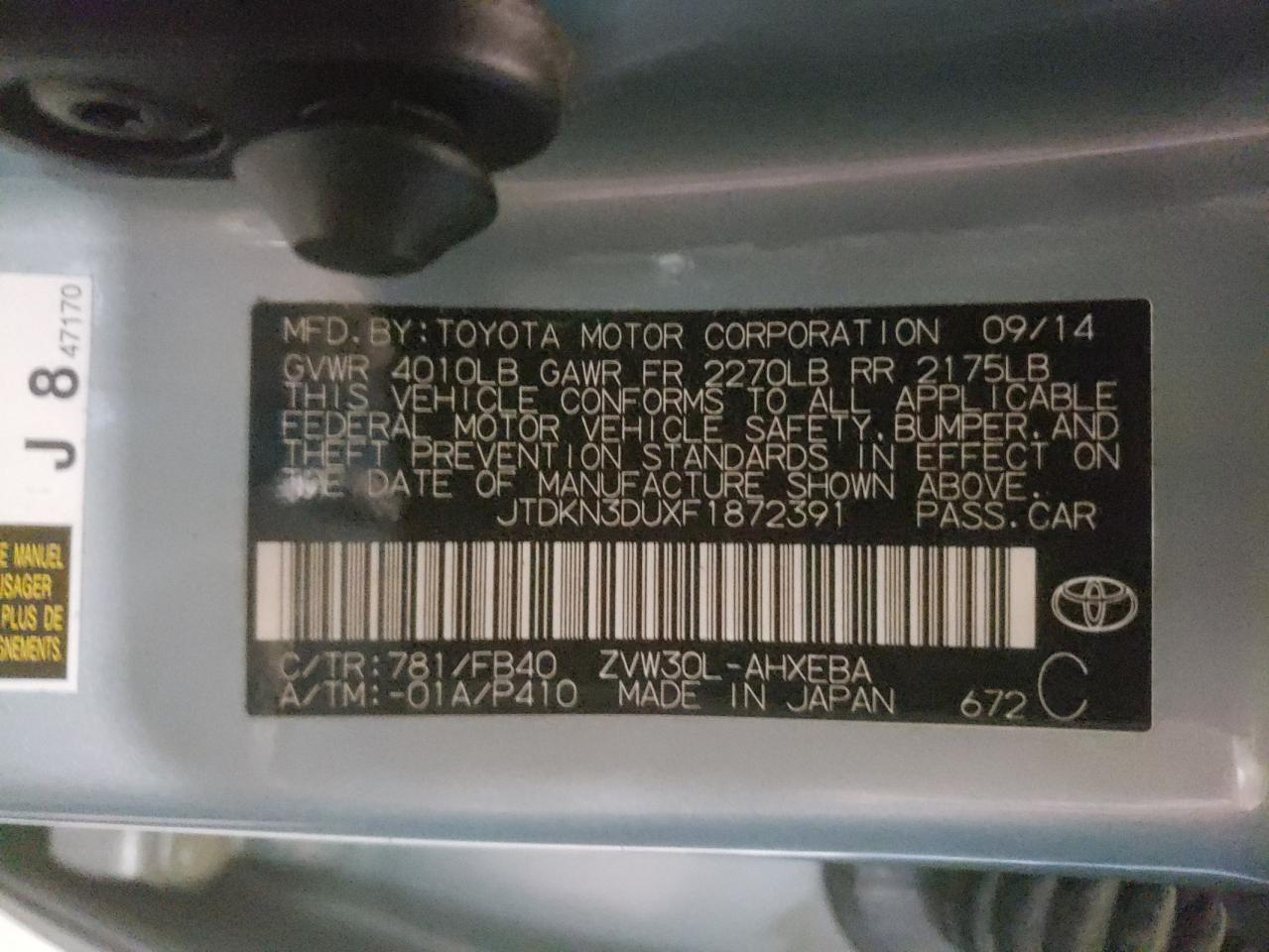 Photo 10 from auction – 2015 TOYOTA PRIUS with VIN JTDKN3DUXF1872391