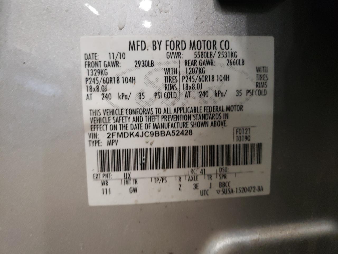 Photo 10 from auction – 2011 FORD EDGE SEL with VIN 2FMDK4JC9BBA52428
