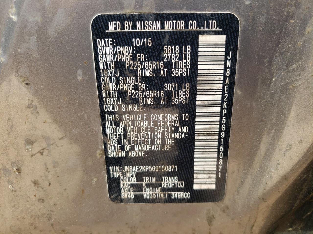 Photo 10 from auction – 2016 NISSAN QUEST S with VIN JN8AE2KP5G9150871