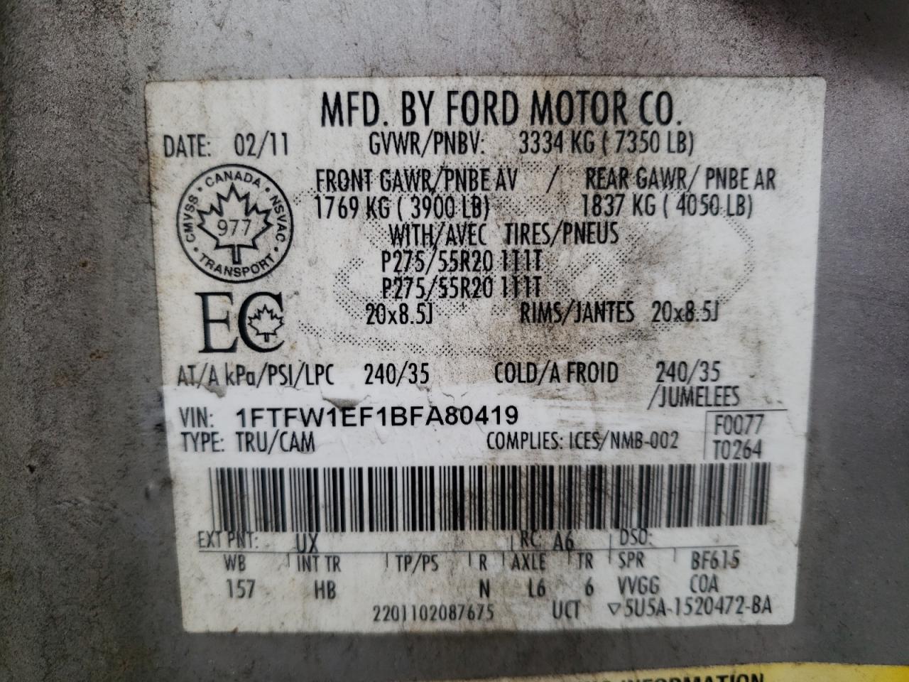 Photo 10 from auction – 2011 FORD F150 SUPER with VIN 1FTFW1EF1BFA80419