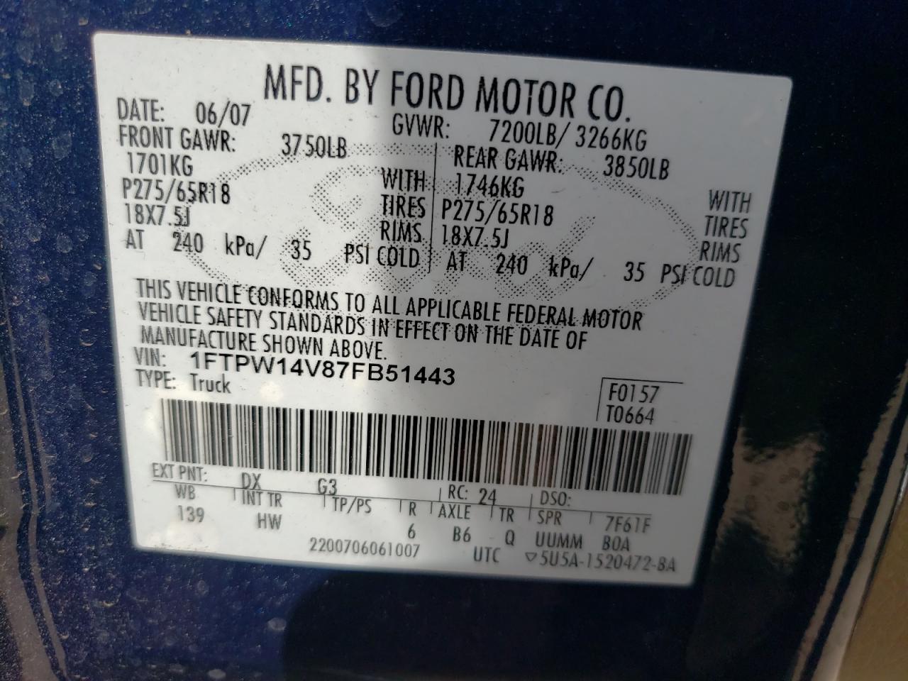 Photo 10 from auction – 2007 FORD F150 SUPER with VIN 1FTPW14V87FB51443