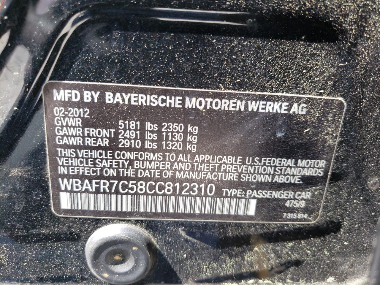 Photo 10 from auction – 2012 BMW 535 I with VIN WBAFR7C58CC812310