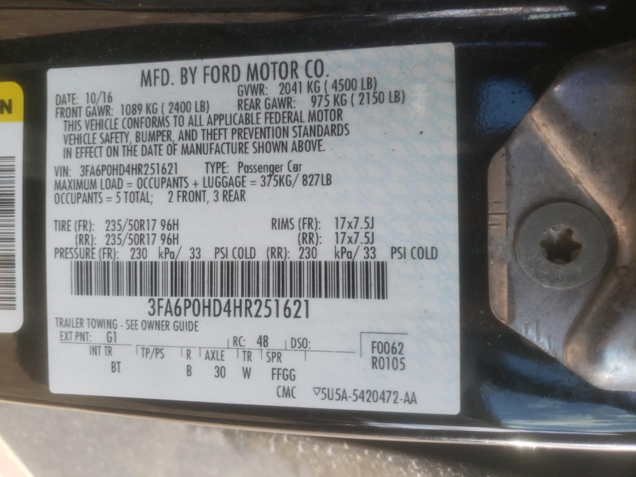 Photo 10 from auction – 2017 FORD FUSION SE with VIN 3FA6P0HD4HR251621