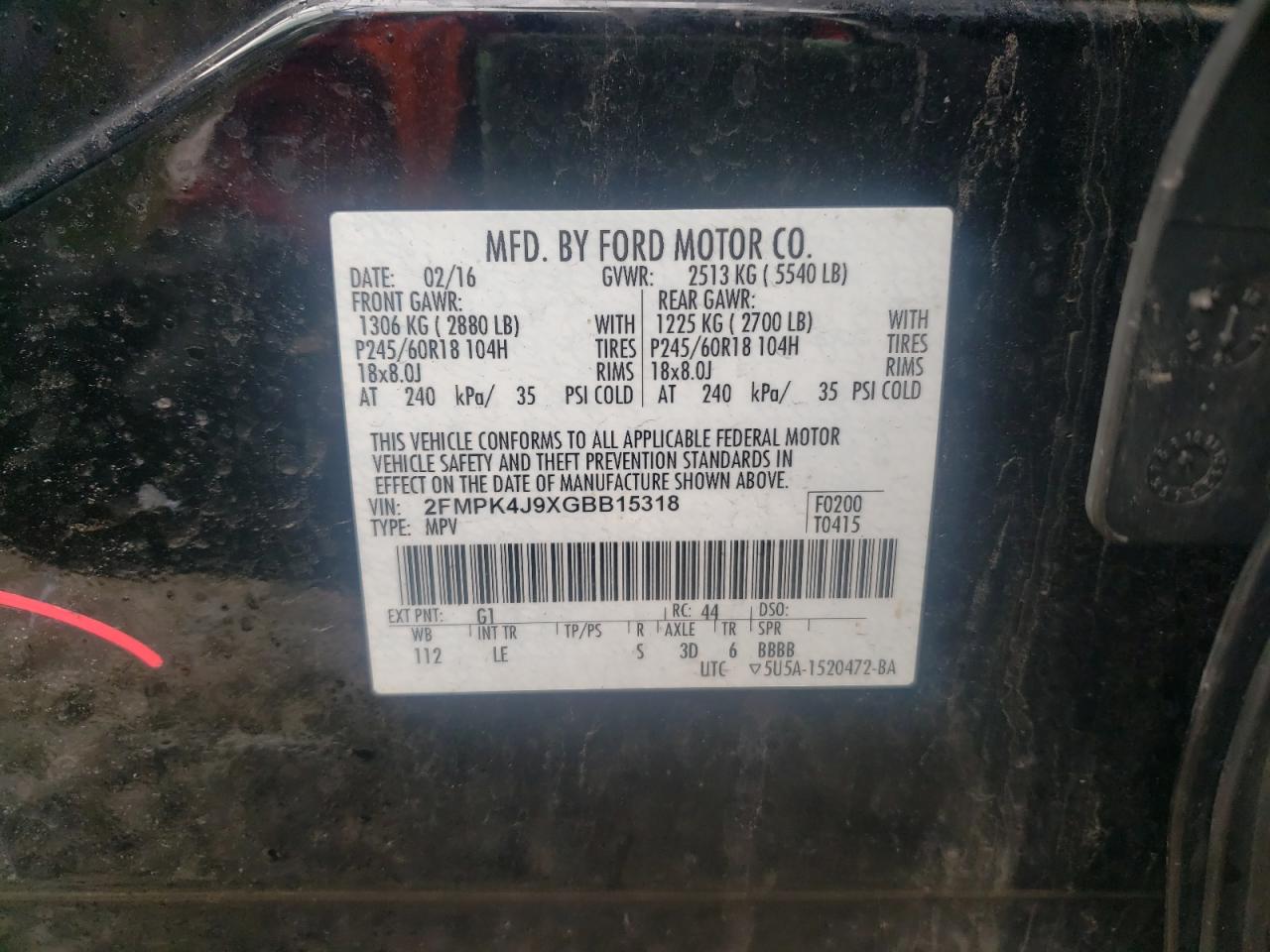 Photo 10 from auction – 2016 FORD EDGE SEL with VIN 2FMPK4J9XGBB15318