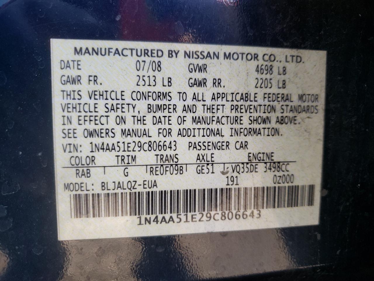 Photo 10 from auction – 2009 NISSAN MAXIMA S with VIN 1N4AA51E29C806643