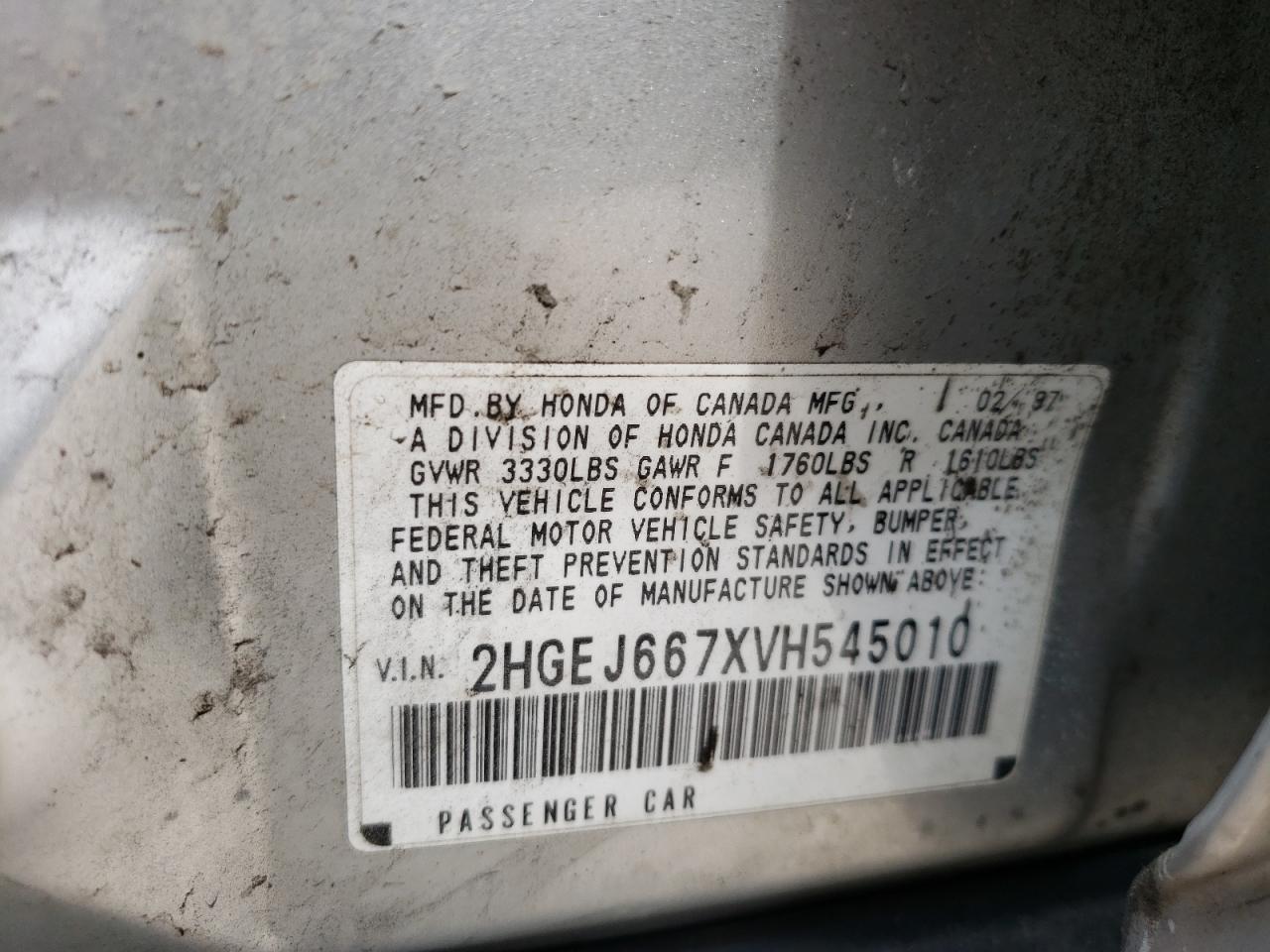 Photo 10 from auction – 1997 HONDA CIVIC with VIN 2HGEJ667XVH545010