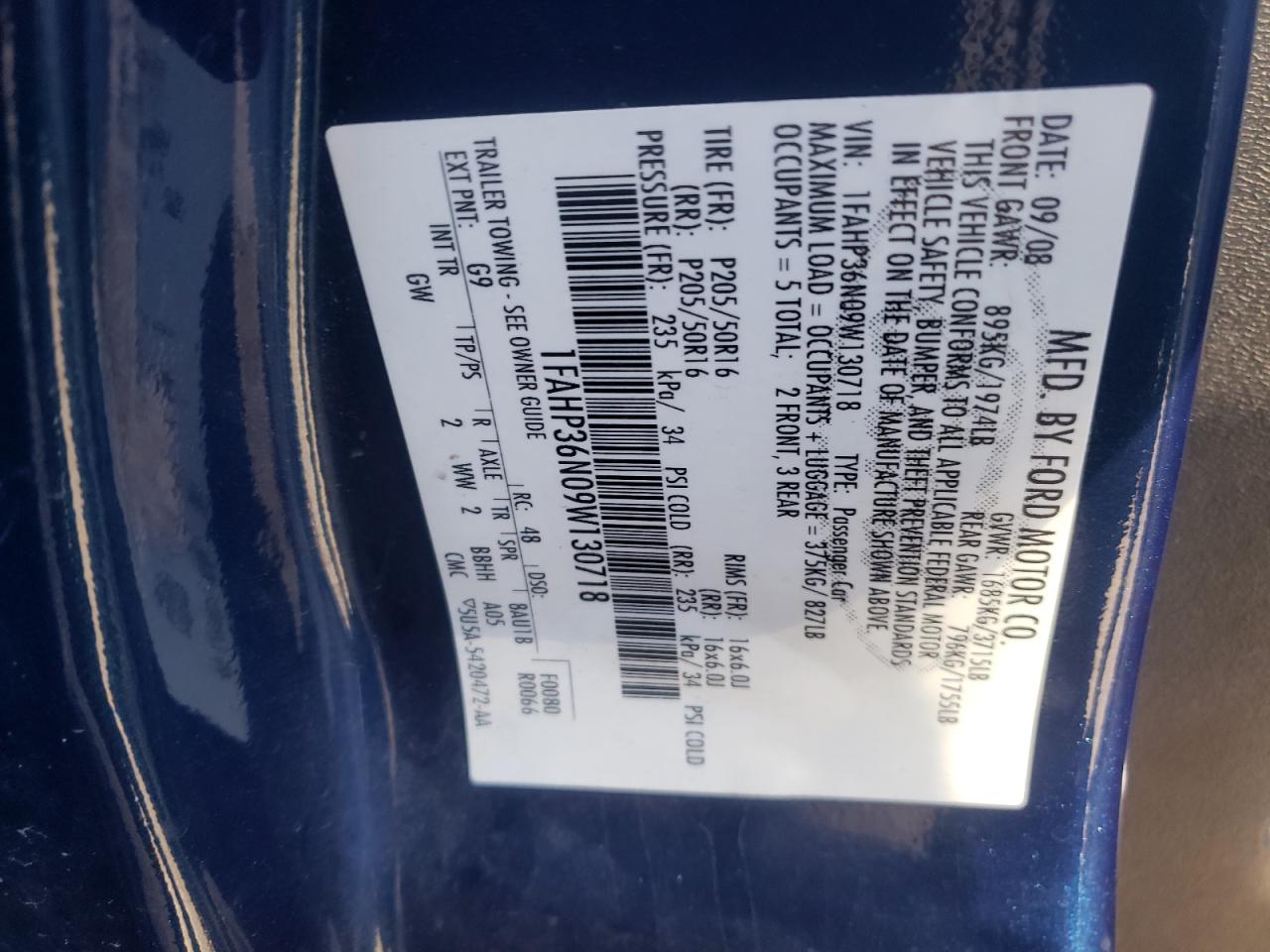 Photo 10 from auction – 2009 FORD FOCUS SES with VIN 1FAHP36N09W130718