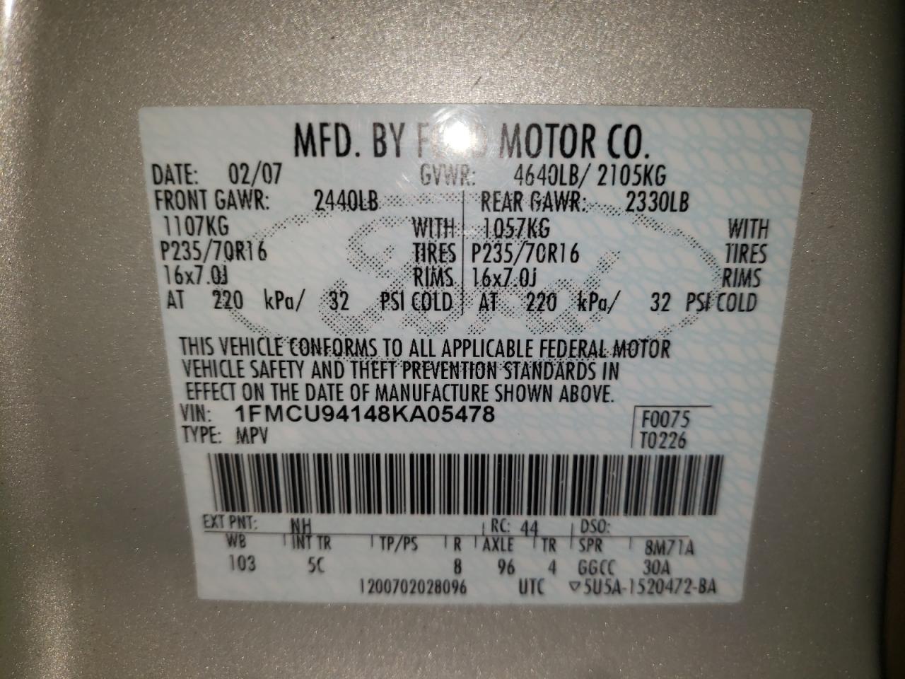 Photo 10 from auction – 2008 FORD ESCAPE LIM with VIN 1FMCU94148KA05478