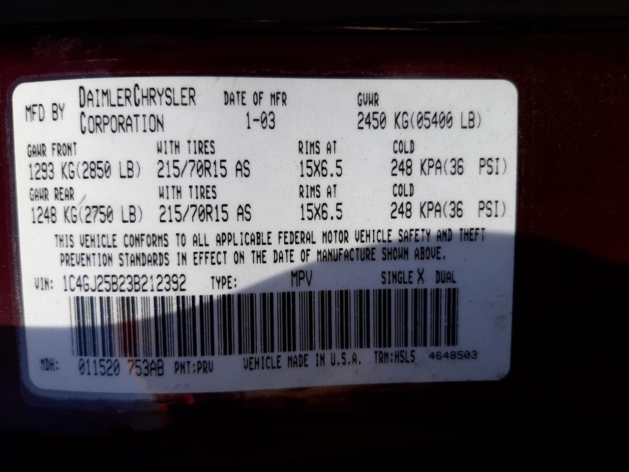 Photo 10 from auction – 2003 CHRYSLER VOYAGER with VIN 1C4GJ25B23B212392