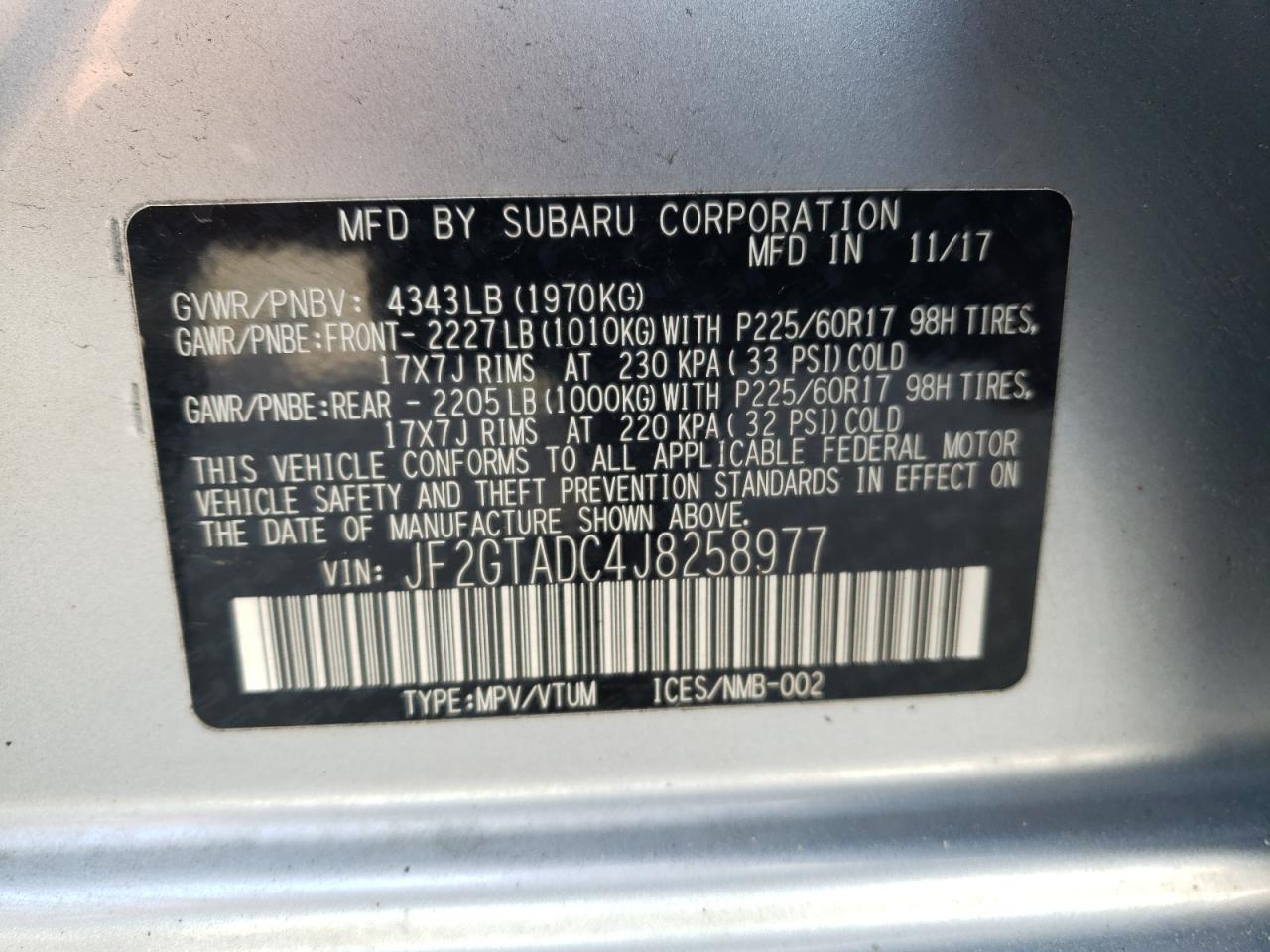 Photo 10 from auction – 2018 SUBARU CROSSTREK with VIN JF2GTADC4J8258977
