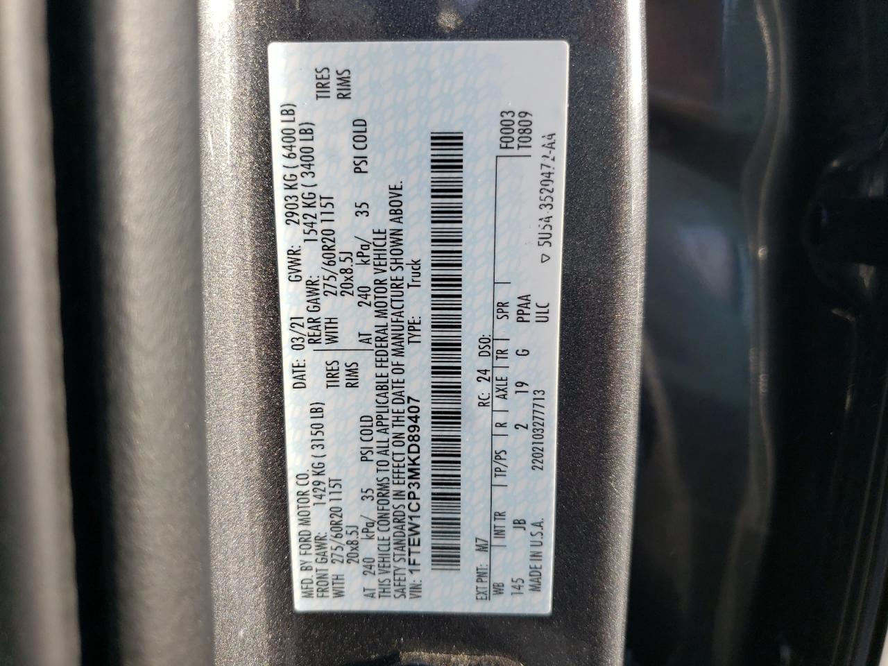 Photo 10 from auction – 2021 FORD F150 SUPER with VIN 1FTEW1CP3MKD89407