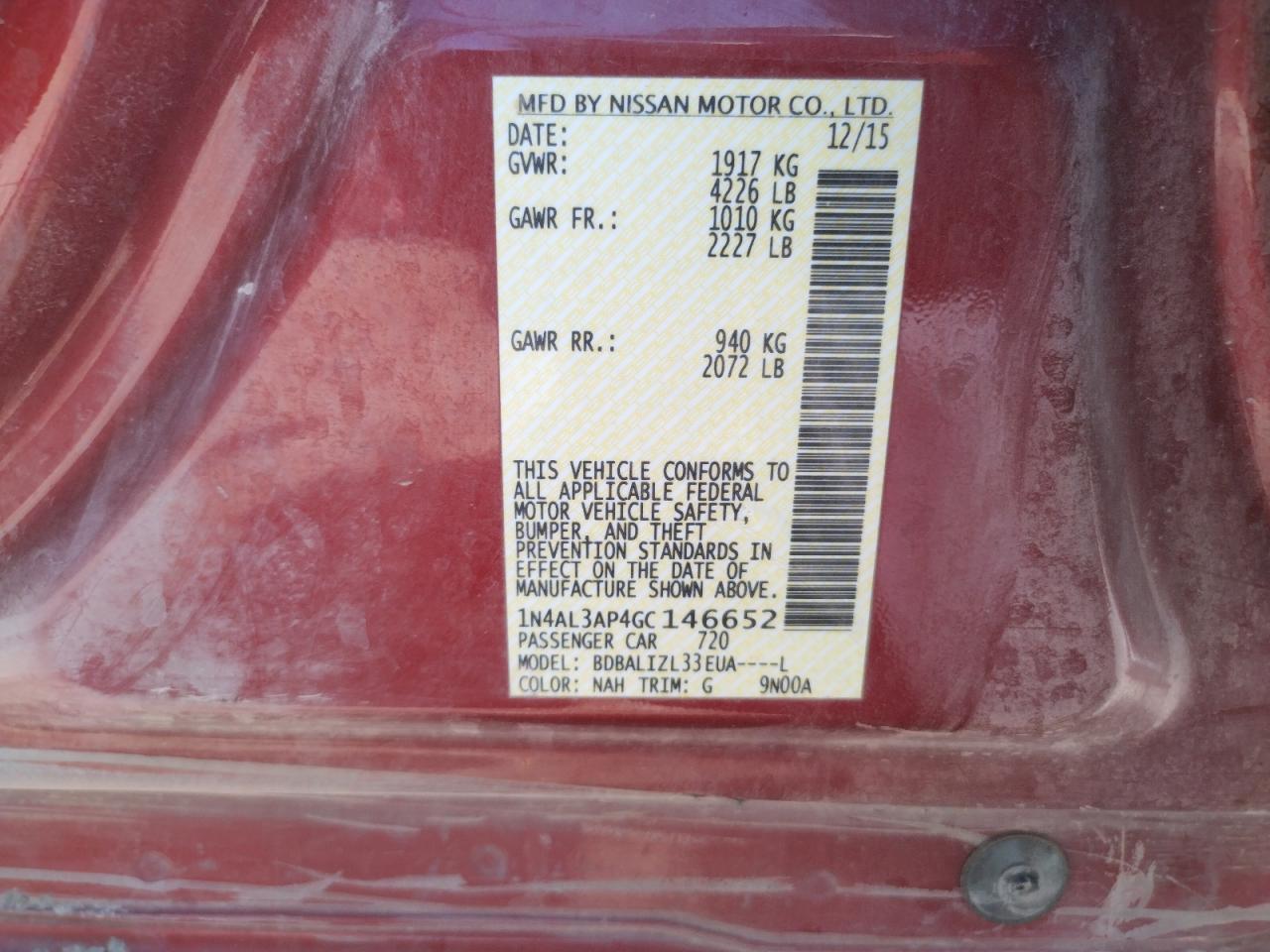 Photo 10 from auction – 2016 NISSAN ALTIMA 2.5 with VIN 1N4AL3AP4GC146652