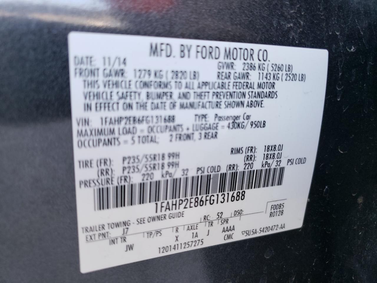 Photo 10 from auction – 2015 FORD TAURUS SEL with VIN 1FAHP2E86FG131688